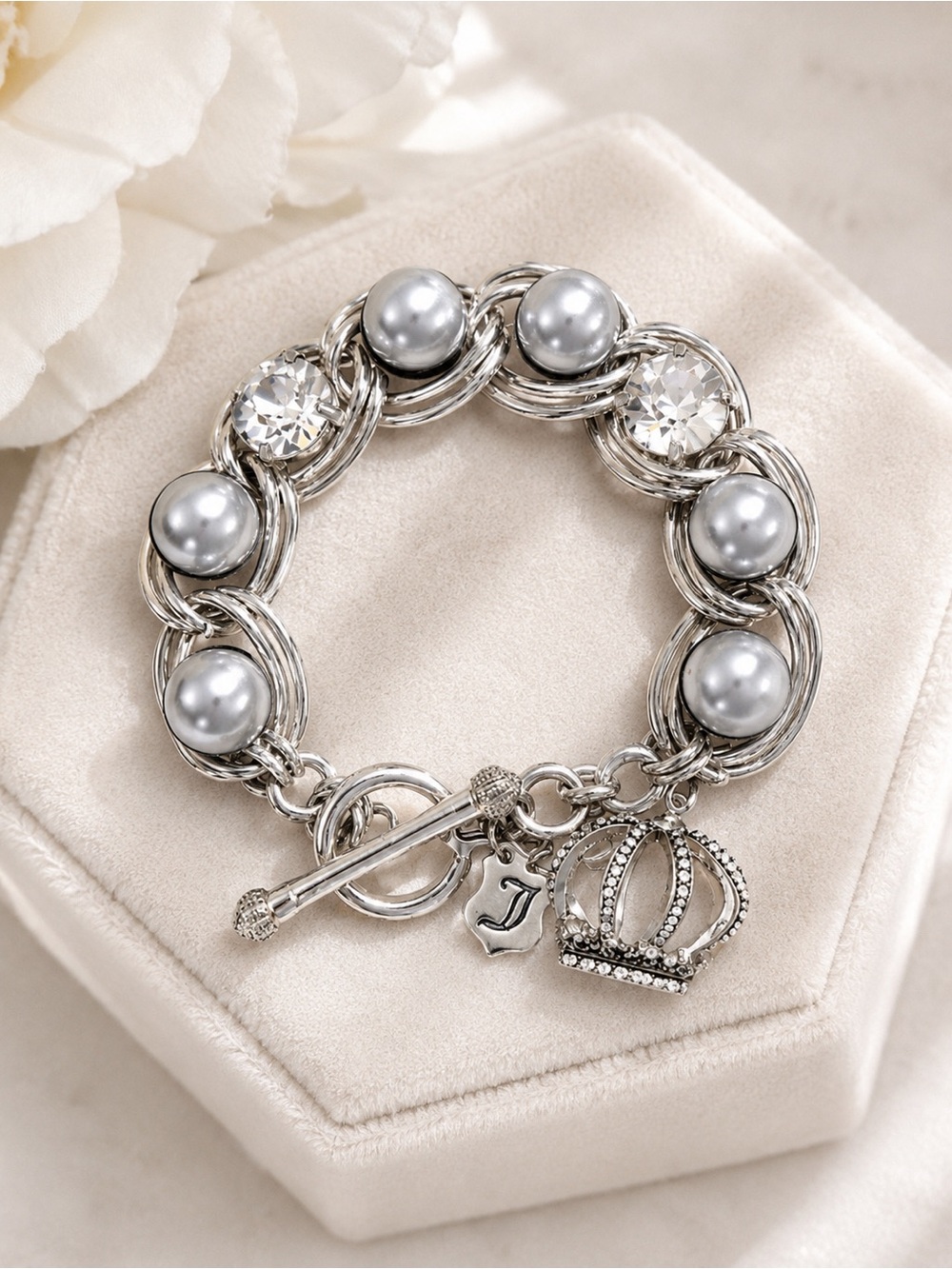 Juicy Couture Pearl Crystal Crown Charm Toggle Bracelet Silver Glam NWT